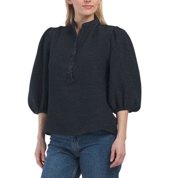 MAX STUDIO LONDON carbon Three Quarter Sleeve Pullover V-neck Button Blouse - Picture 1 of 2